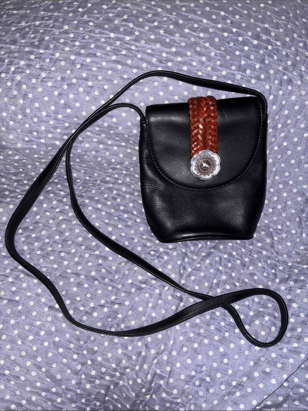One World by Brighton Black Leather Crossbody Bag Purse Braided Detail‎